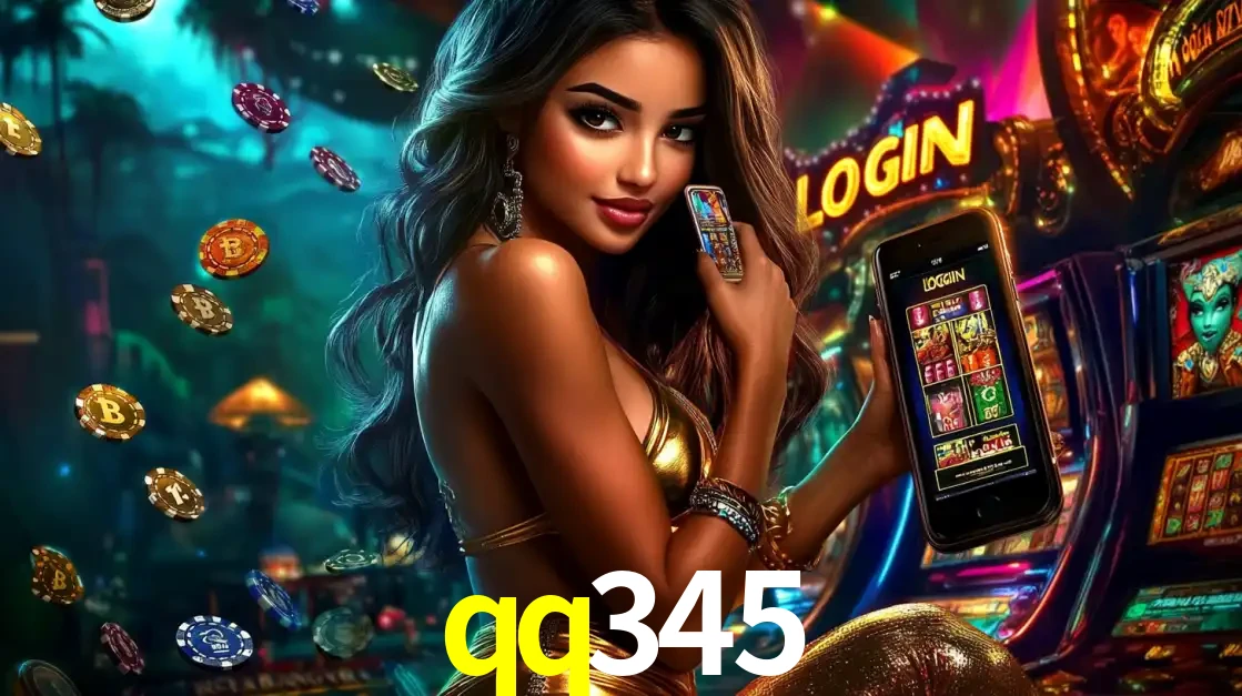 Mulher em um cenário de cassino temático de aventura, mostrando o app de caça-níqueis da qq345 no celular. Fichas de apostas flutuam ao redor.