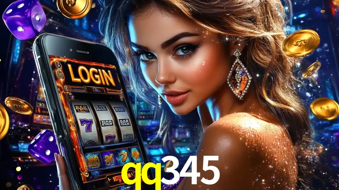 Mulher glamorosa segurando um smartphone com a tela de login para os jogos de caça-níqueis do cassino online qq345, com moedas de ouro e dados ao redor.