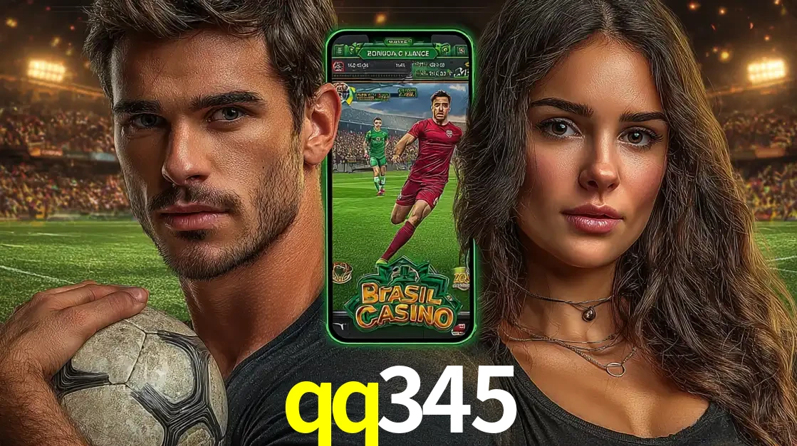 Homem segurando uma bola de futebol e uma mulher ao lado de um smartphone exibindo o jogo de apostas esportivas da qq345. Faça seu palpite no cassino online.